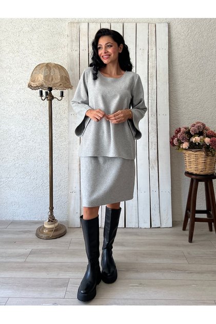 Gray Short Stamp Skirt-Blouse Set (Set of 2)