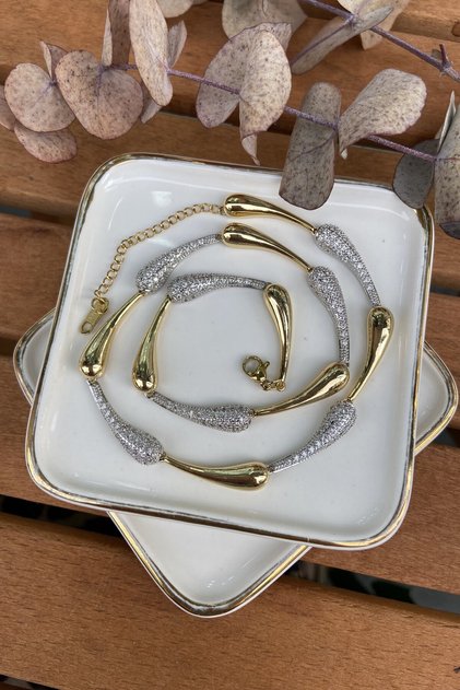 14K Altın Kaplama Taşlı&Taşsız Damla Marka Model Kolye 46cm