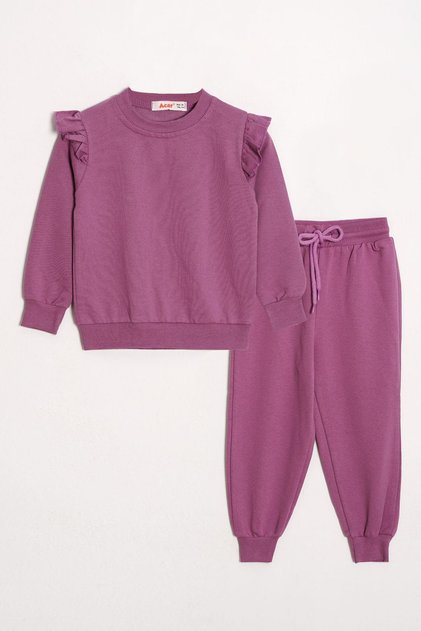 Crew Neck Long Sleeve Purple Color Girl's Tracksuit Set