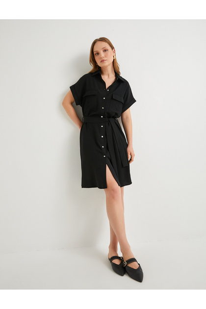 Shirt Dress with Belted Waist, Buttons and Pockets
