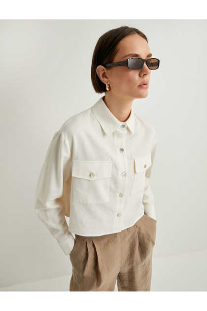 Crop Shirt Linen Blend Long Sleeve with Pockets Buttoned