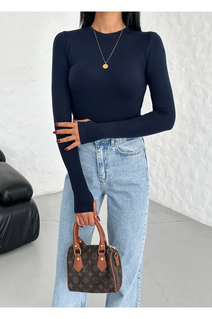 Women's Navy Blue Cotton Long Sleeve Crew Neck Body Blouse with Finger Snap Detail