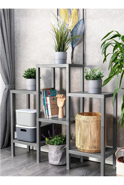 Shelf Piramit 6 Lı Gri Plastik Raf Ünitesi Çiçeklik Banyo Rafı Mutfak Organizeri, Kitaplık