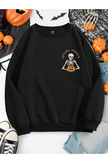 Kadınlar için Kafatası Baskılı Polar Bisiklet Yaka Uzun Kollu Sweatshirt, Siyah, Halloween.