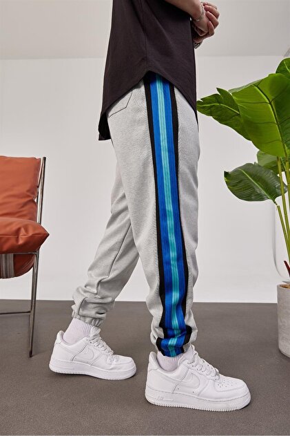 Men's Sweatpants Blue Gray Oversize Striped Loose Fit