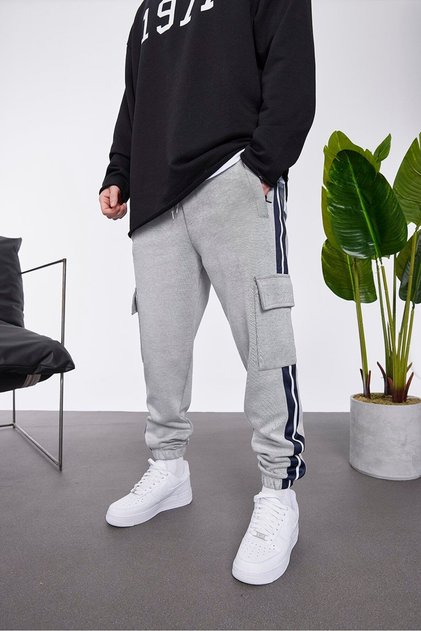 Men's Sweatpants Striped Nm1 Gray Oversize Cargo Pockets Loose Fit