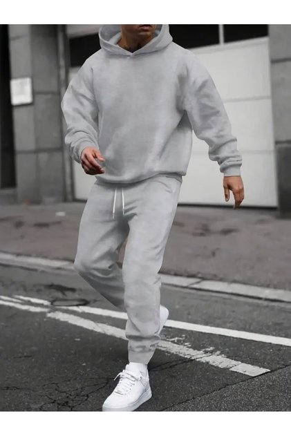 Men's Printed Top and Bottom Hooded Gray Tracksuit Set Oversize Boyfirend