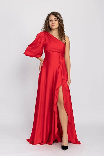 Aline 1337 kb one shoulder ballon sleeve Slit satin evening dress- Trendyol Aline 1337 kb one shoulder ballon sleeve Slit satin evening dress- Trendyol
