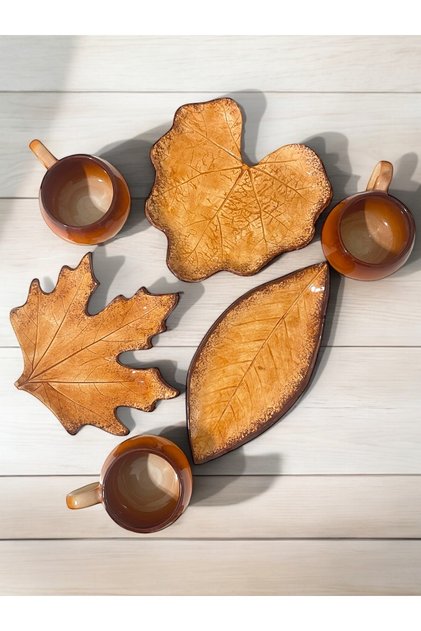 Tea and Coffee Cup Set with Decorative Leaf Figures, Green and Coffee Colors for 3 People