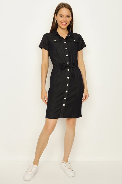 Women's Dark Navy Blue Buttoned Belted Denim Dress