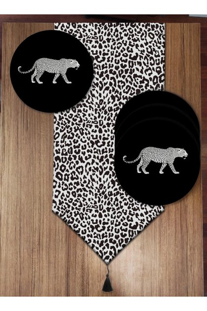 Black and White Leopard Patterned 6-Piece Plate and Runner Set