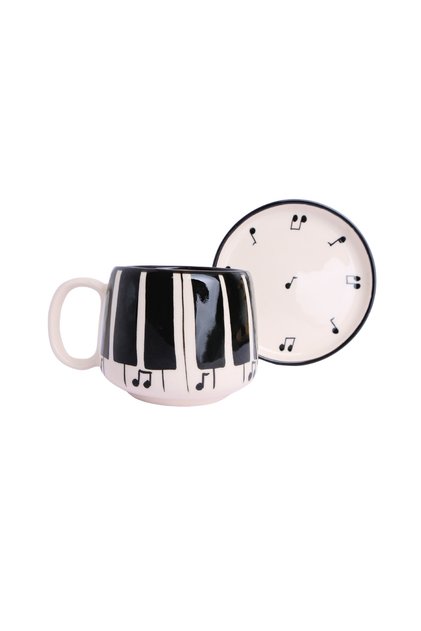 Piyano Desenli Tabaklı Double Seramik El Yapımı Kupa, Seramik Kupa, Handmade, Kahve Kupası