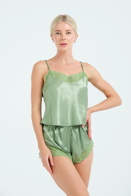 Lace Back Detail Satin Shorts Nightgown 026 Green