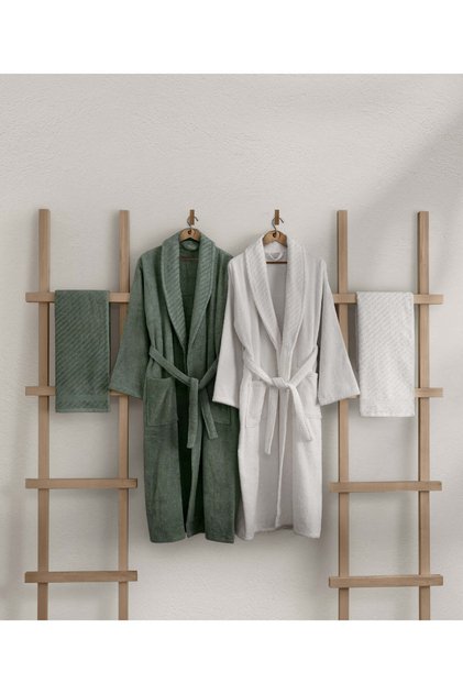 Likya 100% Cotton Green-White 4-Piece Dowry Family Bathrobe and Towel Set 2 Bathrobes 2 Towels 1060A