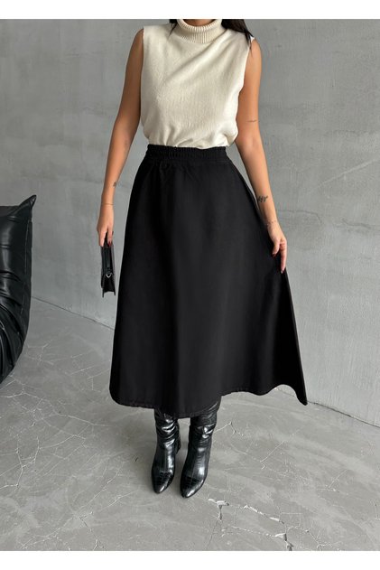 Women's High Waist Midi Length Elastic Waist Flared Denim Skirt
