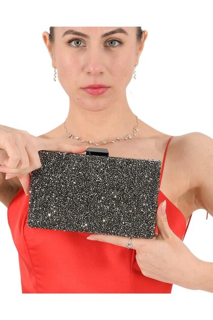 Handmade Women's Evening Clutch Bag with Anthracite Gray Stones—Perfect for Weddings, Engagements, Graduations, Henna Ceremonies, and Proms