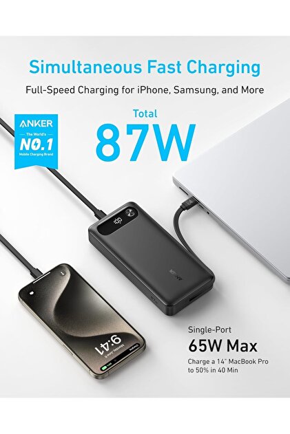 Anker Powerbank (20.000 mAh, 87W, Dahili USB-C Kablo) - Siyah