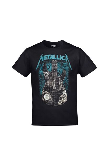 Genel Markalar Unisex Siyah Metallica Gitar Baskılı Tshirt