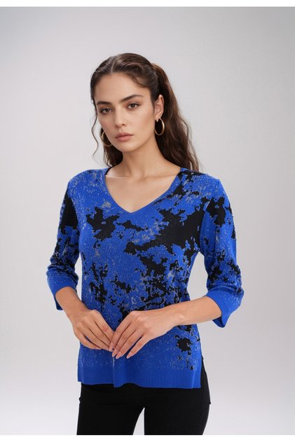 Women's Cobalt Blue-Black Silvery Print V-Neck Sweater