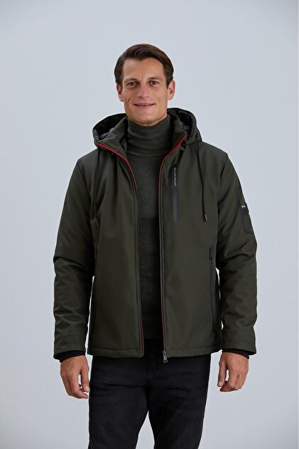 PIQUE Erkek Haki Kalın Kapüşonlu Fermuarlı Softshell Mont Bronx