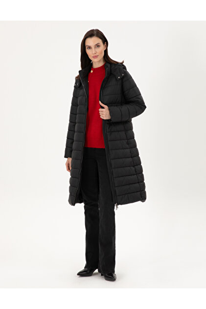 Black Hooded Quilted Long Coat 50297299-Vr046