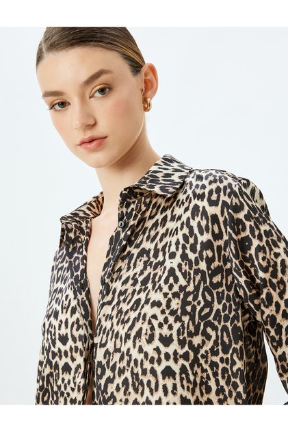 Classic Lapel Long Sleeve Leopard Print Satin Shirt