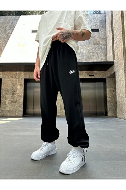 No362 Stwd Embroidered Baggy Sweatpants with Stopper Leg - Black