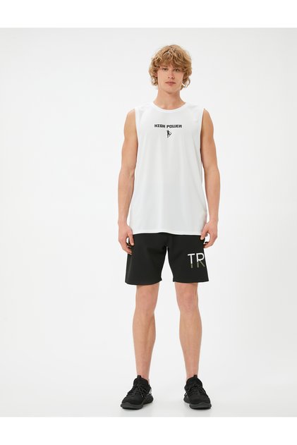 Oversize Sports Shorts with Slogan Print, Lace-Up Waist, Pockets, Steel Interlock Fabric