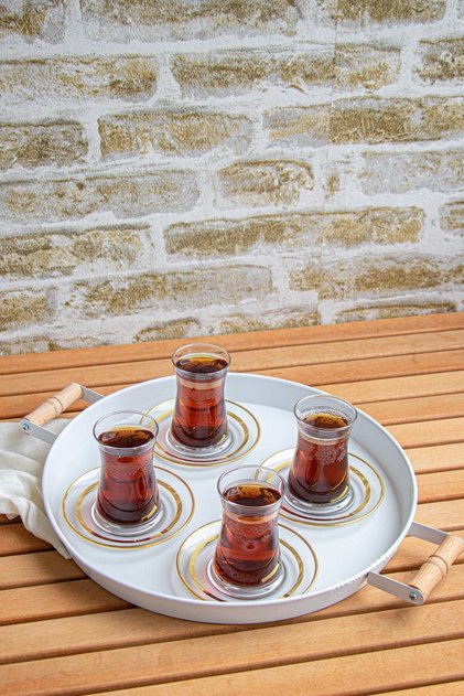 37cm White Metal Tray with Wooden Handle Round Tray Tea Tray Presentation Tray