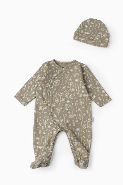 Baby Booties Jumpsuit Hat Set Spring Floral Khaki