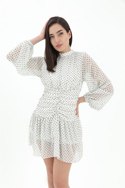 Gathered Polka Dot Chiffon Dress - Ecru