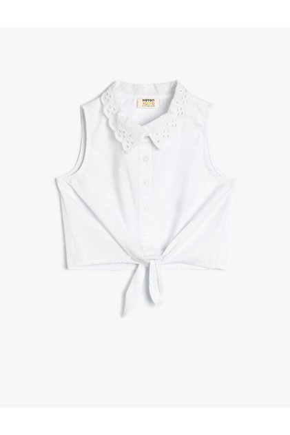 Crop Shirt Guipure Collar Tied Sleeveless Cotton
