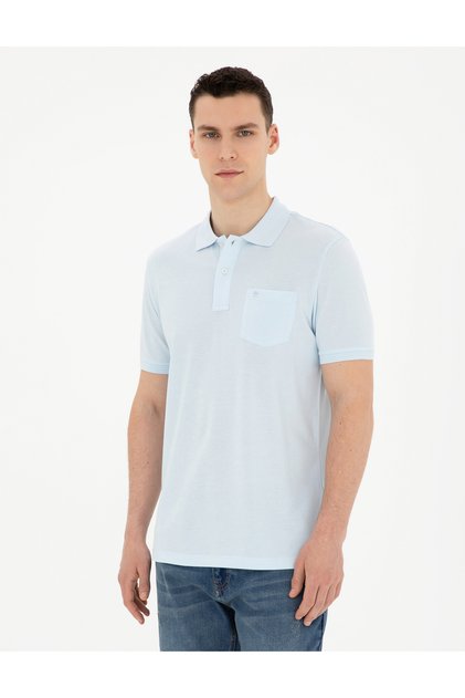 Light Blue Regular Fit 100% Cotton Buttoned Polo Collar Basic T-Shirt 50280753-Vr095