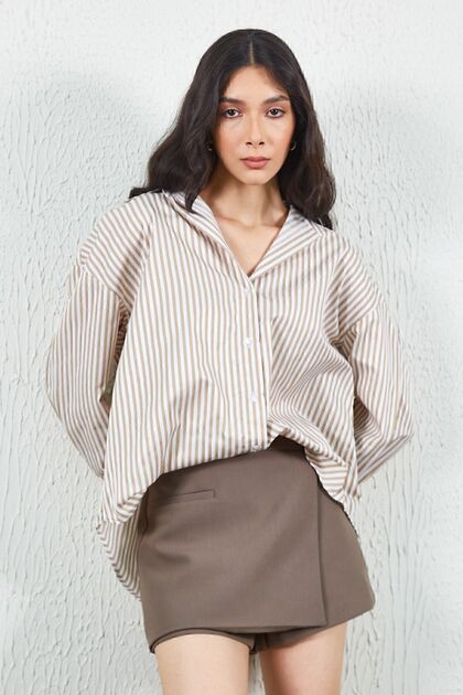 Beige Striped Oversize Comfortable Fit Basic Women's Shirt | Ek 100167429 Yn