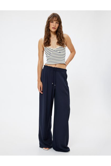 Viscose Wide Leg Trousers Elastic Waist Tie Comfortable Fit