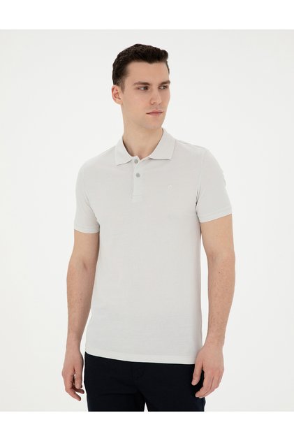 Light Gray Slim Fit 100% Cotton Buttoned Polo Collar Basic T-Shirt 50291625-Vr001