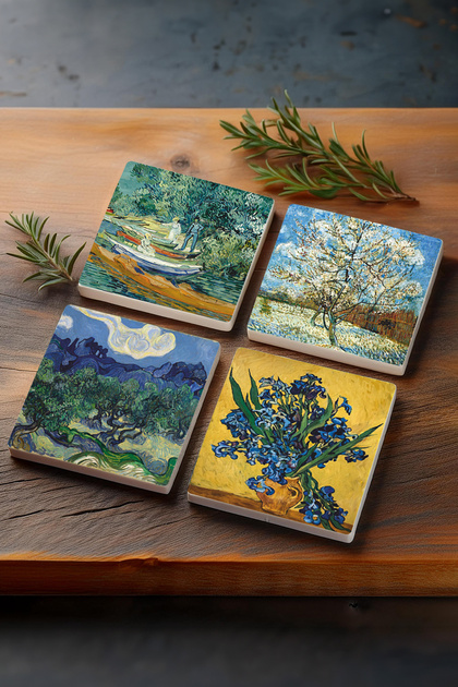 Van Gogh Olive Trees, Peach Tree, Irises, Oise Bank Stone Coasters Set of 4 10x10cm