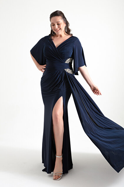 Lafaba Women's Navy Blue Plus Size Long Evening Dress with Stones on the  Side- Trendyol