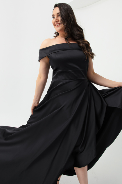 Lafaba Women's Black Boat Neck Plus Size Satin Evening Dress & Graduation Dress- Trendyol Lafaba Women's Black Boat Neck Plus Size Satin Evening Dress & Graduation Dress- Trendyol