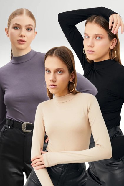 Women's Black Cream Gray 3-Piece Finger Detailed Body