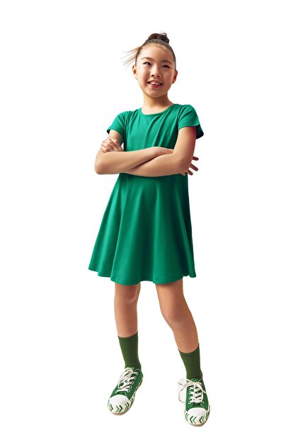 Dark Green Colored Basic Short Sleeve Dress for Girls