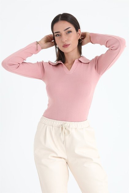 Long Sleeve Polo Neck Knit Sweater - Powder