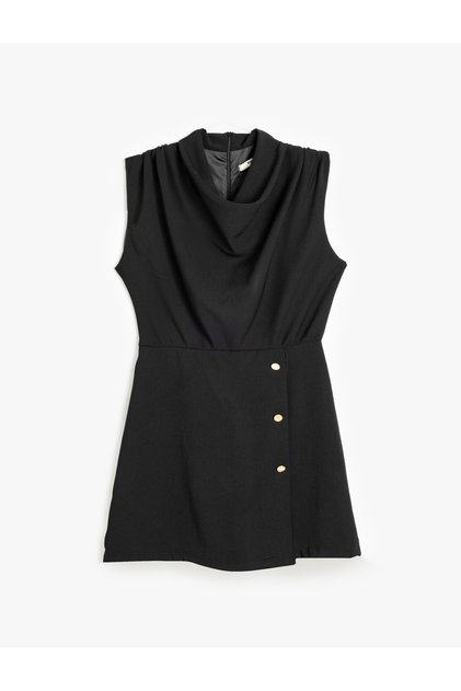 Crepe Fabric Draped Detail Degaje Neckline Sleeveless Mini Dress