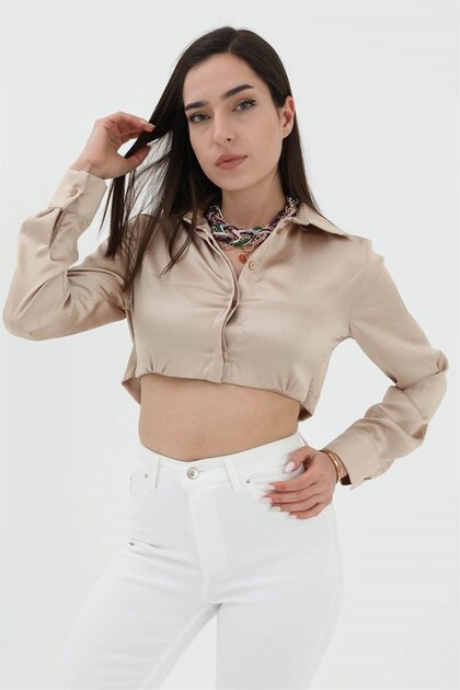 Elastic Waist Satin Shirt - Beige