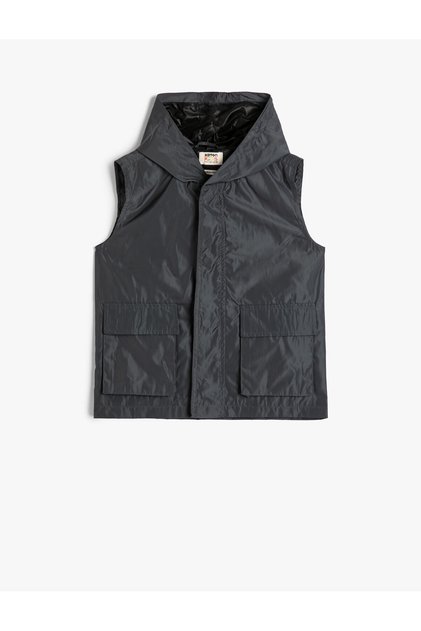 Hooded Sleeveless Vest with Pocket Detail and Wind Flap
