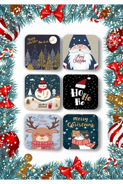 Happy New Year - New Year - Merry Christmas Themed Wooden Coaster Set 6 Pieces