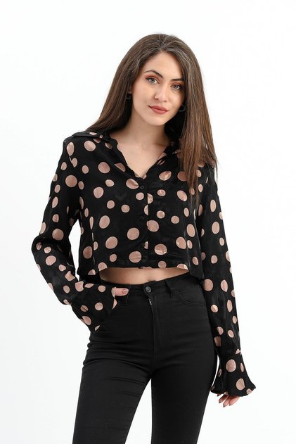 Shoulder Padded Sleeves Flounced Polka Dot Satin Shirt - Black-Camel