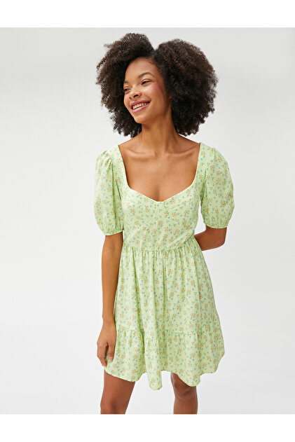 Mini Floral Dress Balloon Sleeves Sweetheart Neckline Viscose Blended