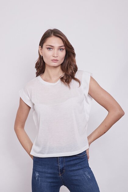 Lycra-Free Cotton Wide Crew Neck Low Shoulder T-shirt-cream