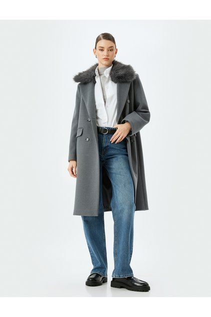 Detachable Faux Fur Collar Detailed Long Stamp Coat
